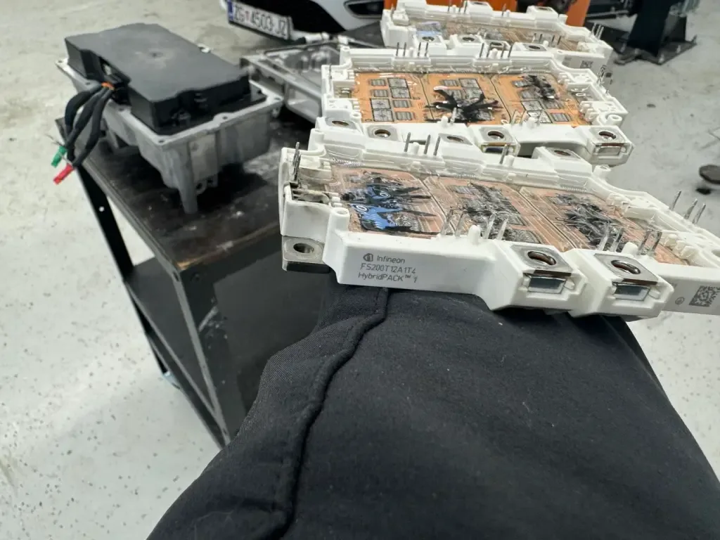 Failed Infineon HybridPACK IGBT power modules removed from an inverter.